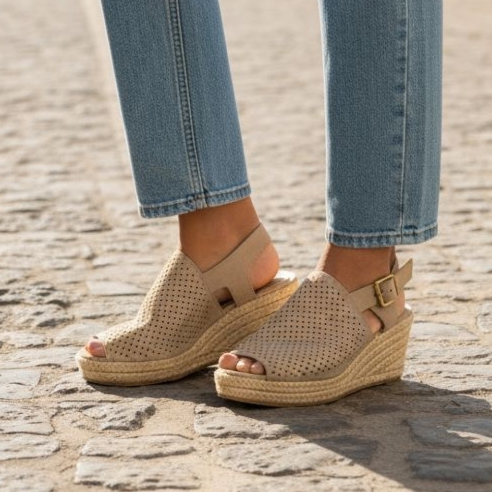 Liz Claiborne Beige Perforated Espadrille Wedge Sandals